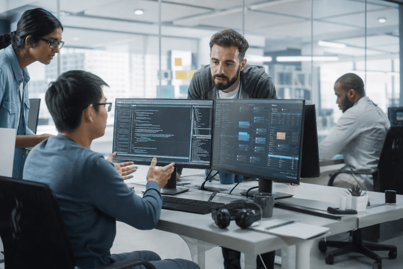 SoftCare professional IT team collaborating in a modern office