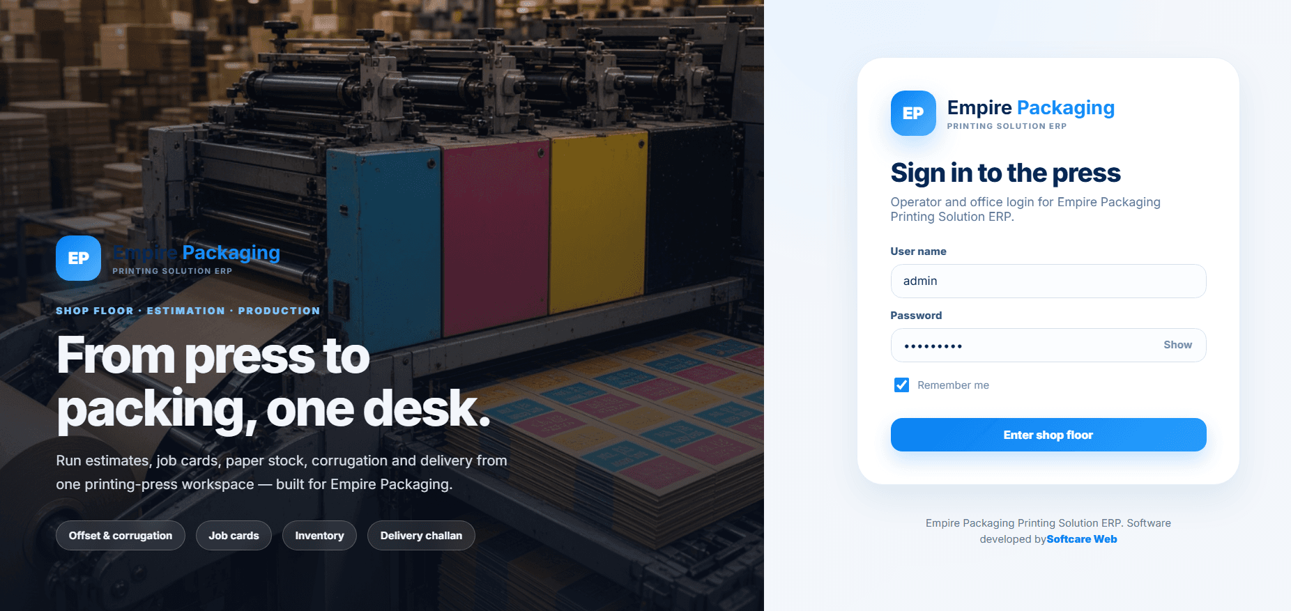 SoftCare PrintERP secure login screen for the printing and packaging platform