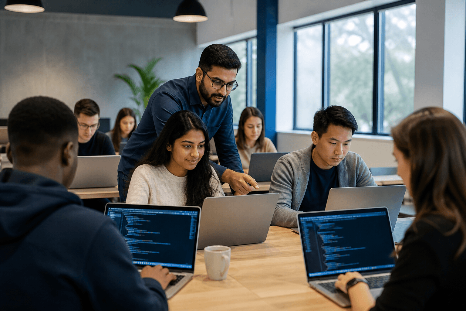 Students learning coding and AI skills in SoftCare professional training classroom